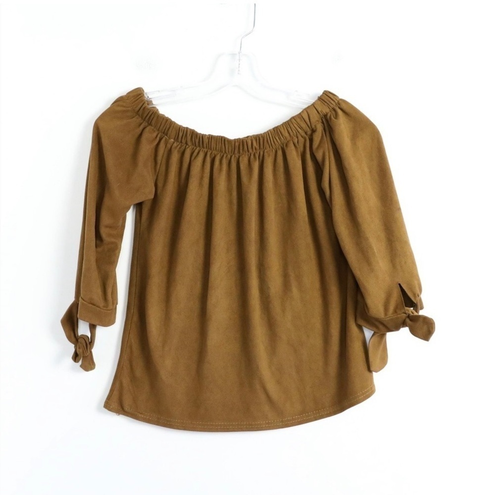 Faux suede off the shoulder boho top brown 3/4 sleeves XS summer casual blouse - Picture 2 of 4